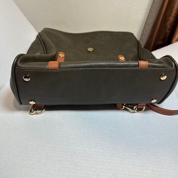 MMS Olive Green Cognac Brown Vegan Leather Convertible Backpack Satchel Bag - Picture 10 of 12